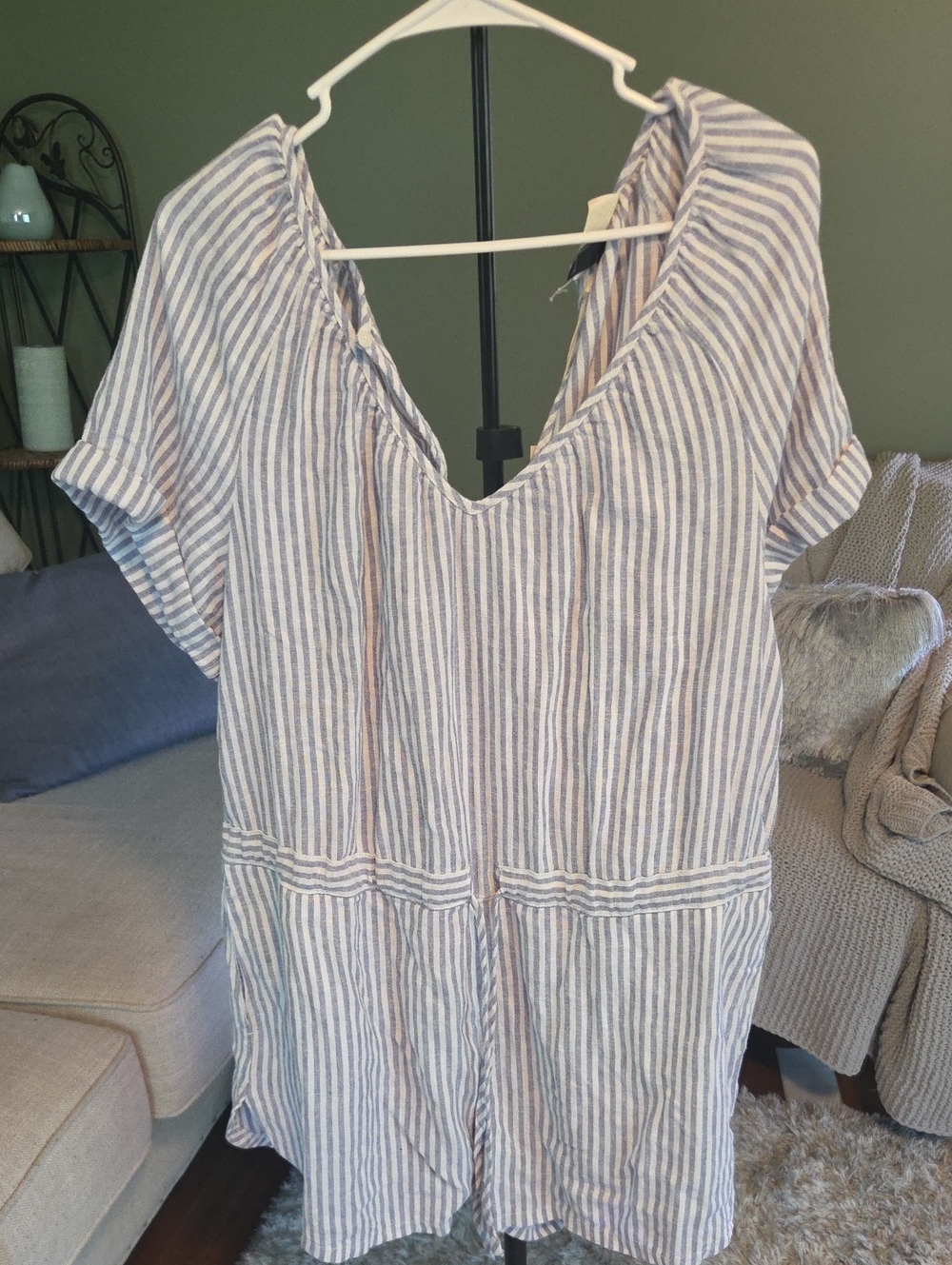 Striped V-Neck Linen Blend Romper - Blue & White